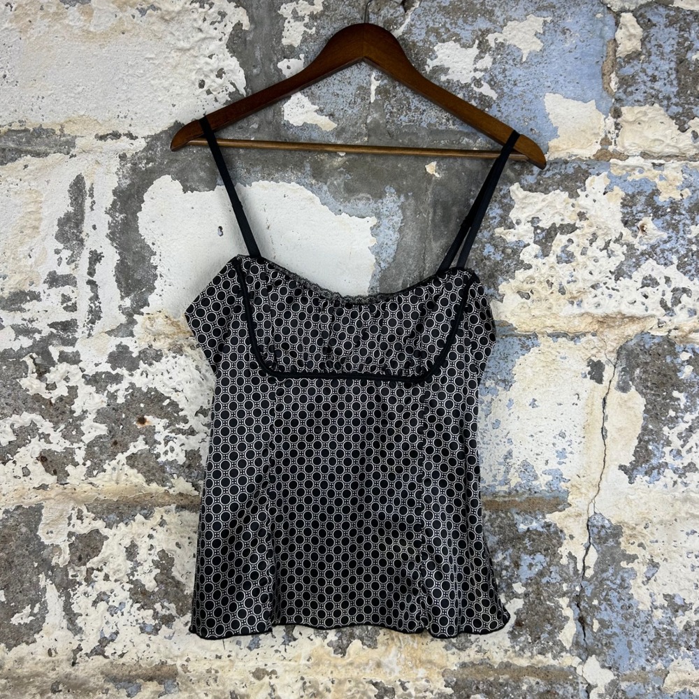 Y2K Heart Soul Camisole Black White Geometric Y2K Satin Top Women Large